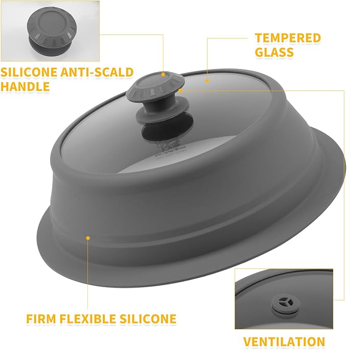 Collapsible Microwave Splatter Lid with Vented Tempered Glass Cover Wok Lid for Microwave Safe, Stockpot Steamer Pot Pan 10.5-11 inch Universal Multifunction Silicone Cover