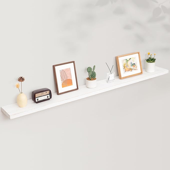 Rustic Elm Wood Floating Shelves - 72'' W x 8" D Wall Mounted Mantel Shelf with Invisible Bracket, Large Long Storage Shelves for Living Room, Bedroom, Kitchen, Bathroom, White Wash