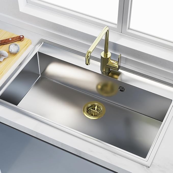 KONE 3-1/2 Inch Kitchen Sink Drain Assembly Stainless Steel Gold Kit with Strainer Basket/Rubber Stopper, Rustproof Durable Gold Finish Replacement for Standard Commercial Sink Drains