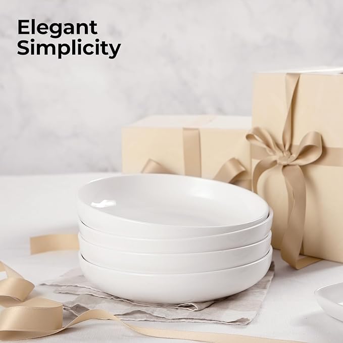 DOWAN 9.75" Pasta Bowls Set of 4, Large Shallow White Ceramic Salad Bowls, 50oz Wide Dinner Bowls for Pasta, Soup, Salad & Stew, Microwave & Dishwasher Safe, Housewarming Gift