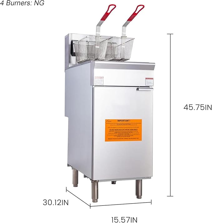 CLIVIA Gas Deep Fryer, Commercial Floor Natural Gas Fryer with 2 Basket, 55 lb. Capacity with 4 Burners, 120,000 BTU Free Standing Floor Fryer for Restaurants