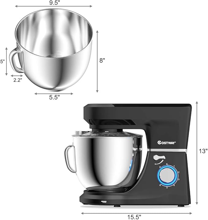 COSTWAY Stand Mixer, 6-Speed 7.5 QT Tilt-head Electric Kitchen Food Mixer 660W with Stainless Steel Bowl, Dough Hook, Beater, Whisk