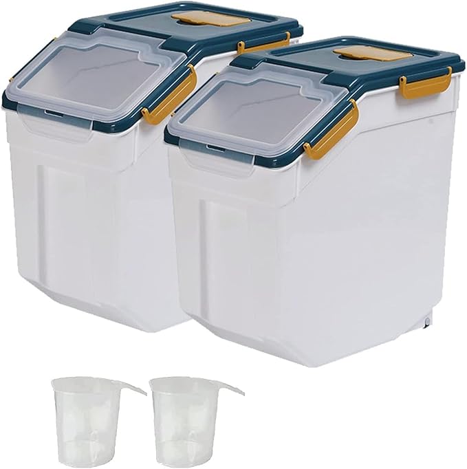 PENCK Large Flour Storage Container 25lbs, 2 Pack Airtight Rice Dispenser, BPA Free Plastic Cereal Grain Organizer Dog Cat Food Bin with Measuring Cup&Scoop for Kitchen Counter Top(Blue)