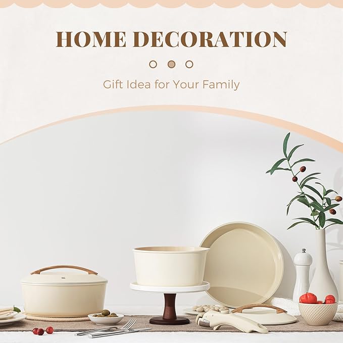 Ceramic Pots and Pans Set with Detachable Handle, Non-toxic Nonstick 8pcs Cookware Set with Die-cast Lids, Dishwasher & Oven Safe, PTFE PFOA PFAS Free, Perfect for College Dorm, Cream White