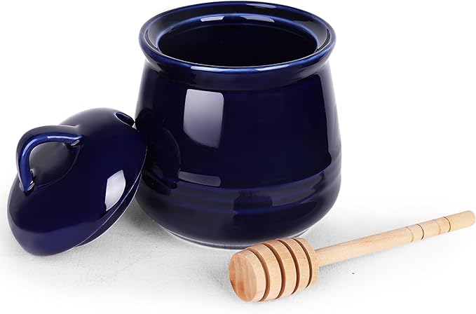 HAOTOP Ceramic Honey pot with Lid and Honey Dipper,Porcelain Honey Jar Easy to Clean and Dishwasher Safe,12oz (Navy)