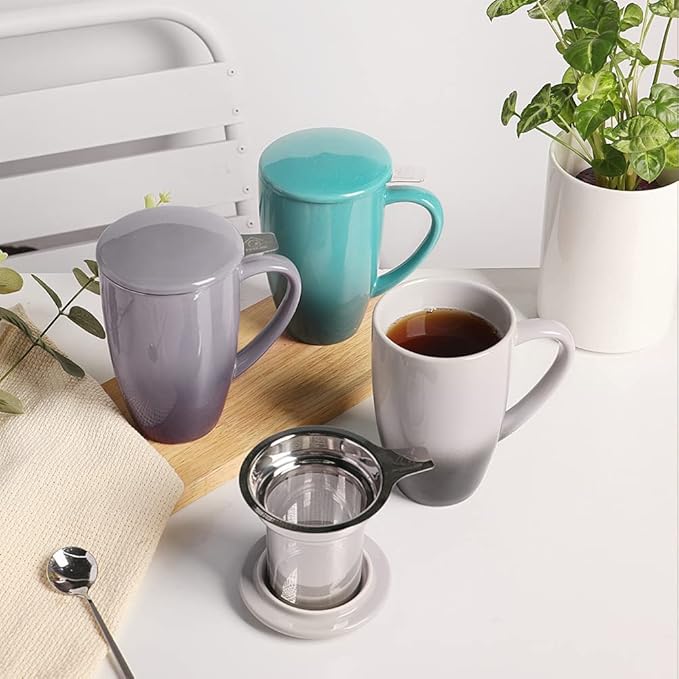 Sweejar Porcelain Tea Mug with Infuser and Lid,Teaware with Filter, Loose Leaf Tea Cup Steeper Maker, 16 Fl Oz for Tea/Coffee/Milk/Women/Office/Home/Gift (Gradient Blue)