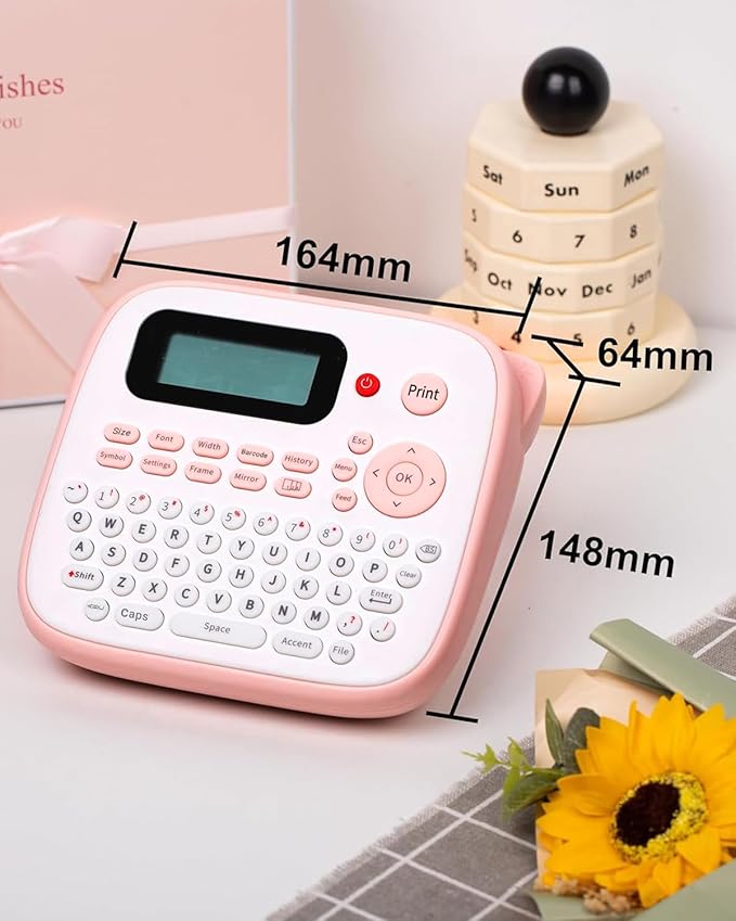 Pink Label Maker, D210S Label Maker with Tapes Waterproof, Handheld Label Makers Labeler Includes USB-C for Power, Easy-to-Read Screen, Multiple Fonts Icons Frames for Home Office Organization