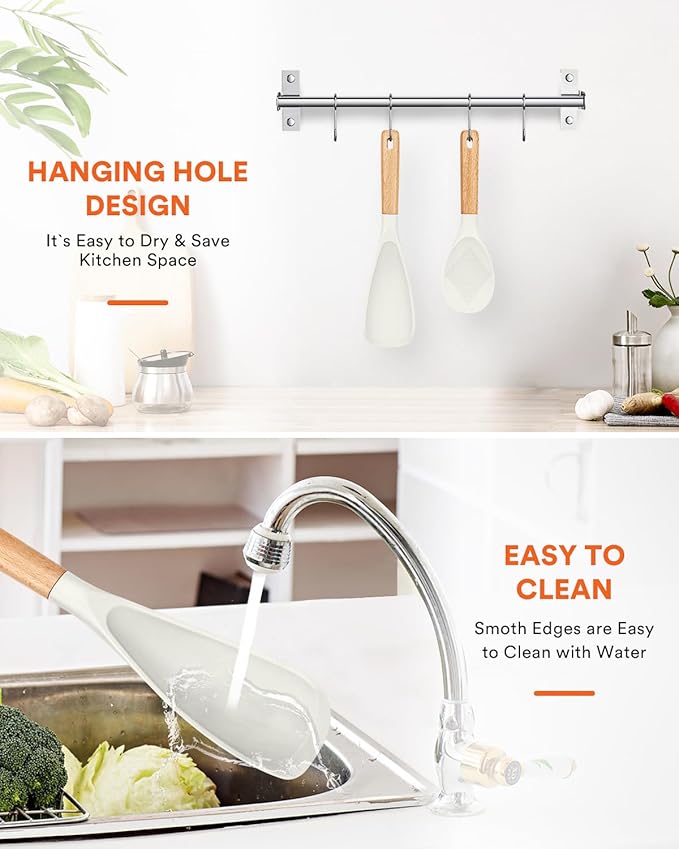 Cooking Spoon and Rice Scooper for Nonstick Cookwares, Great for Cooking and Serving Sturdy BPA-Free Matte Silicone, Wood Handle Spoon for Mixing, Scoop, and Scrape (WHITE)