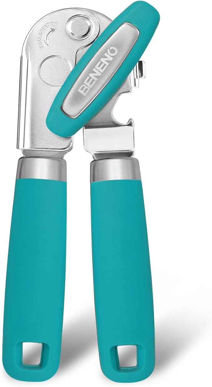 Beneno Can Opener Manual with Magnet, Hand Held Heavy Duty Can Opener with Durable Sharp Blade Smooth Edge, Big Effort-Saving Knob, Soft Grip Rubber Handle, Multifunctional Bottle Opener, Turquoise