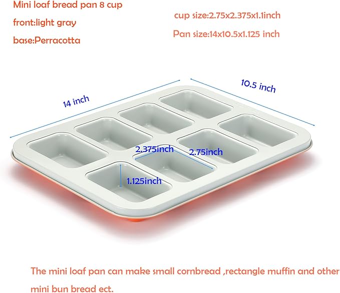 Mini Loaf Baking Pan 8 Cavity- Small Rectangle cake Pan -Financier Cake Mold Carbon Steel light gray non-stick coating bakeware w Perracotta base