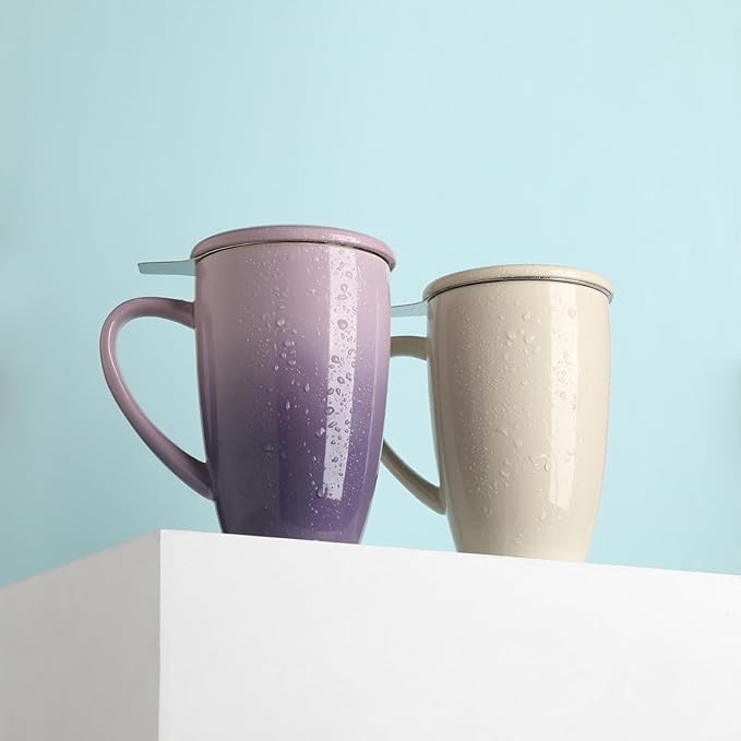 Sweejar Porcelain Tea Mug with Infuser and Lid,Teaware with Filter, Loose Leaf Tea Cup Steeper Maker, 16 Fl Oz for Tea/Coffee/Milk/Women/Office/Home/Gift (Beige)