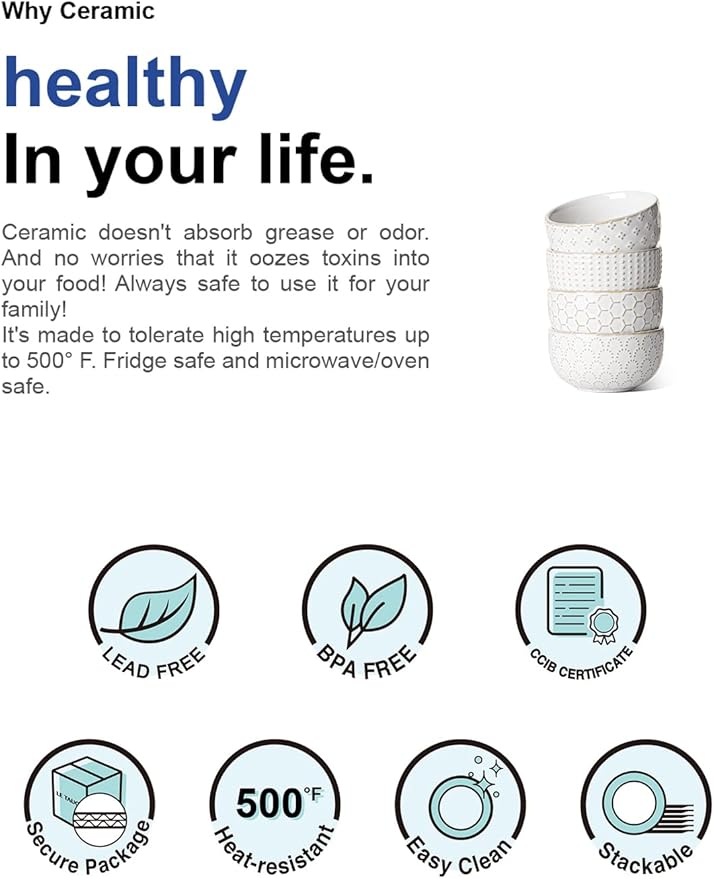 LE TAUCI Small Bowls 7 OZ, Ceramic Embossment Stoneware Bowl for Dipping, Side Dish, Sauce, Appetizer, Dessert, Sushi, Suit For House-warming - 3.5 inch, Set of 4, Arctic white