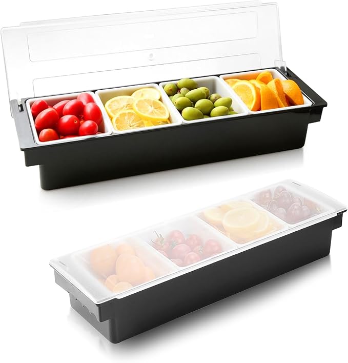 WICHEMI Fruit, Veggie & Condiment Caddy with Lid Dispenser Tray Garnish Station for Bartending & Serving Taco, Ice Cream, Salad Bar - Topping Organizer for Restaurant Supplies (4 Compartment, 2 Pack)