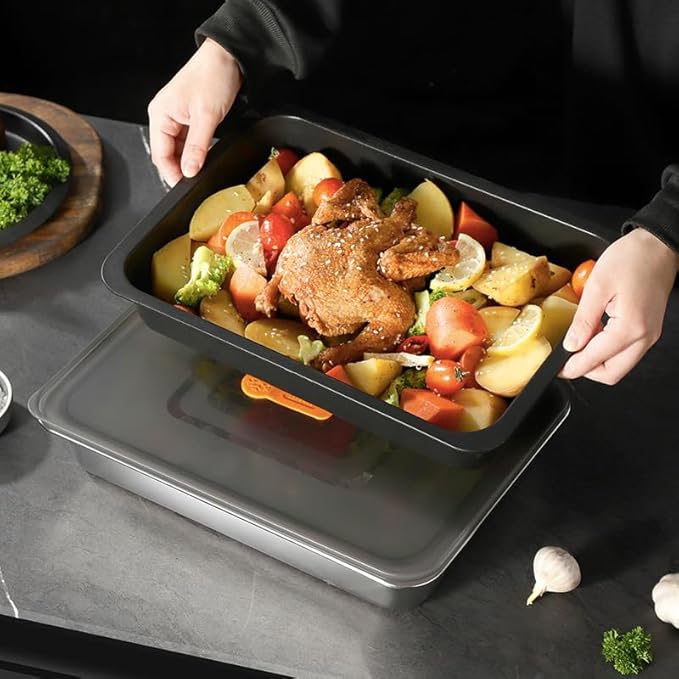 Roasting Pan,Non Stick Baking Pan,Cake Pan Rectangular 13.6"x 9.3"x 2.6",3 Litre Capacity with Lid (Black)