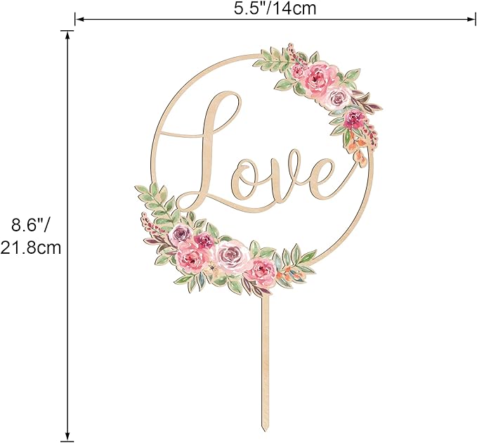 Love Wedding Cake Topper Floral Wedding Engagement Cake Decoration in Wood (Design 01)