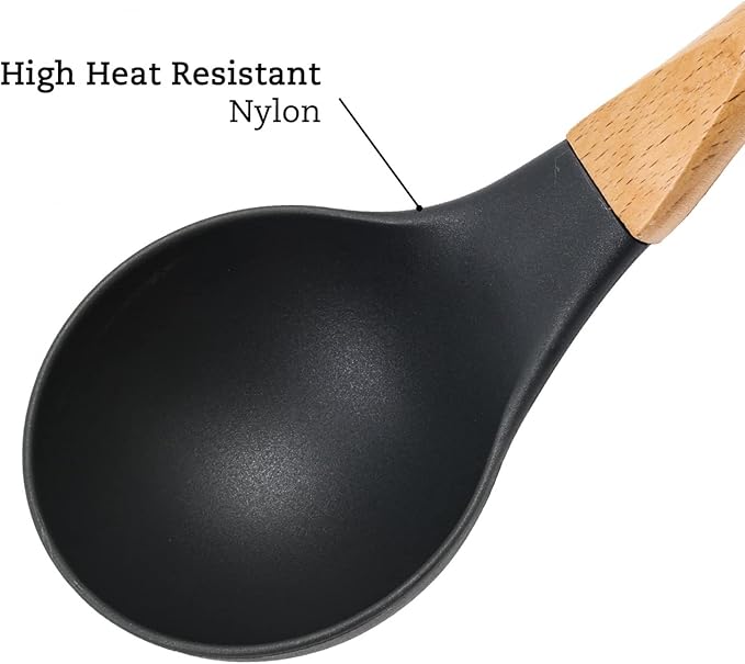 Beille Grey Nylon Ladle with Soft Grip Ergonomic Wooden Handle Kitchen Utensils, 13 Inch