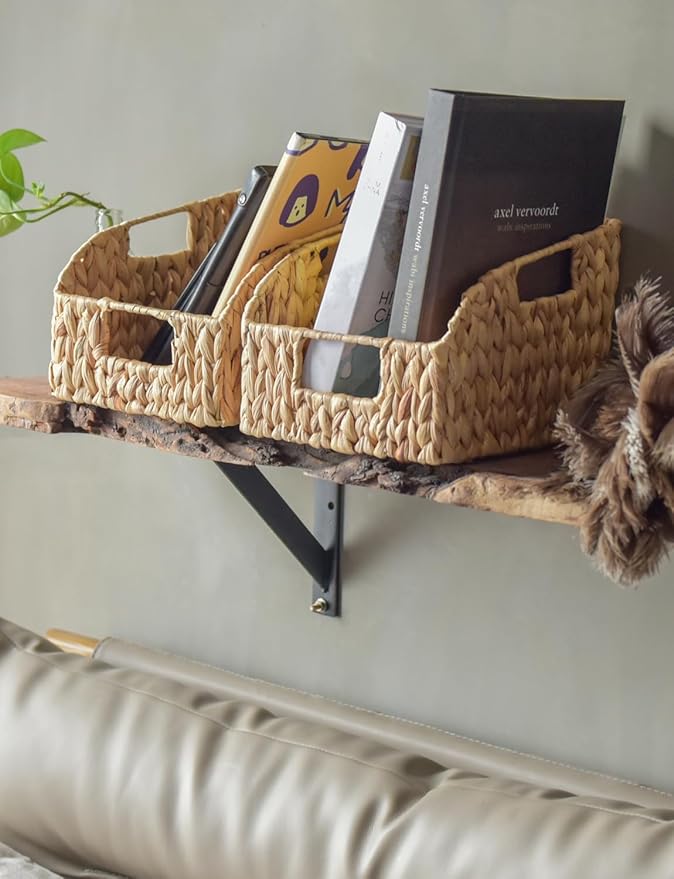 StorageWorks Pantry Baskets for Organizing, Wicker Basket with Built-in Handles, Handwoven Wicker Storage Baskets, Water Hyacinth for Shelves, 2 Pack