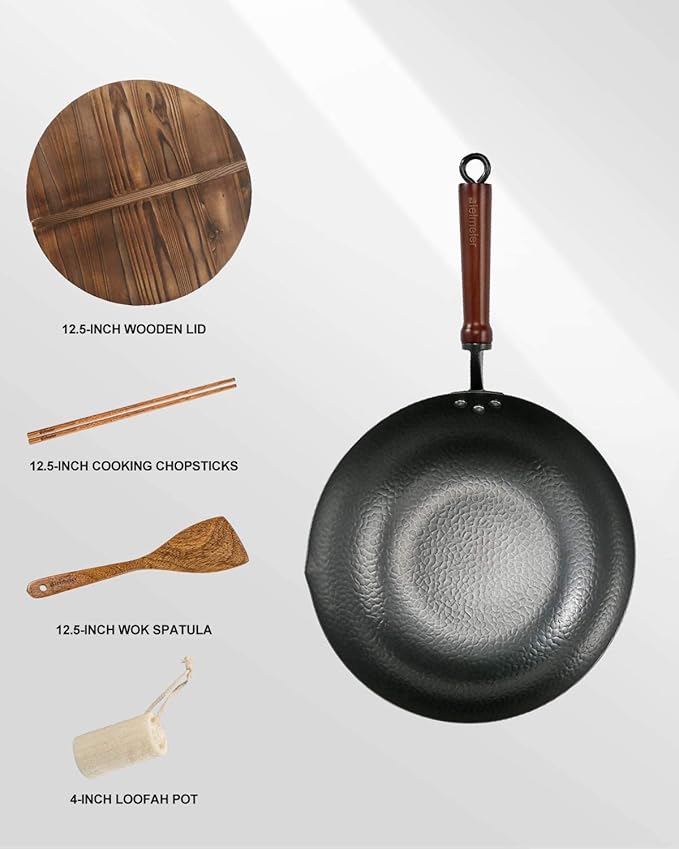Wok Pan 12.5", Woks and Stir Fry Pans with lid, Carbon Steel Wok with Cookware Accessories, Flat Bottom Suits for all Stoves