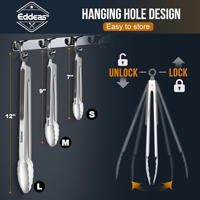 Tongs For Cooking - Heat Resistant 600 Degrees Stainless Steel Kitchen Tong,Heavy Duty Metal Locking Tongs - Perfect for Food, BBQ set of 3 (7",9" and 12") Grey