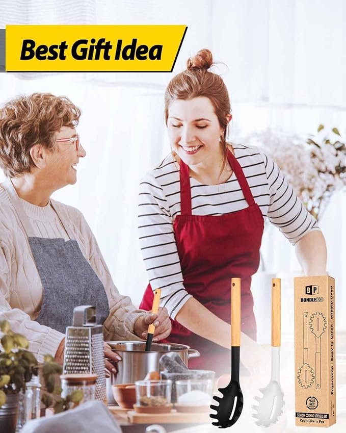 Pack of 2 Spaghetti Spoon, Silicone Pasta Fork with Wooden Handle, Heat Resistant Noodle Spoon Server, BPA Free Spaghetti Strainer(BLACK-WHITE)