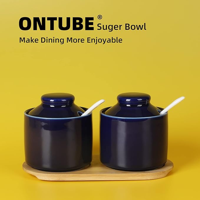 ONTUBE Ceramic Sugar Bowl with Lid and Spoon Set of 2,Porcelain Seasoning Box Salt Bowl with Tray,8oz (Navy)