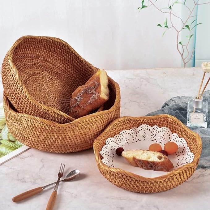 YANGQIHOME Rattan Bread Basket, Round Fruit Baskets, Wicker Storage Bowls, Natural Woven Serving Basket Bowls, Decorative Baskets for Kitchen Counter Organizing, Set of 3