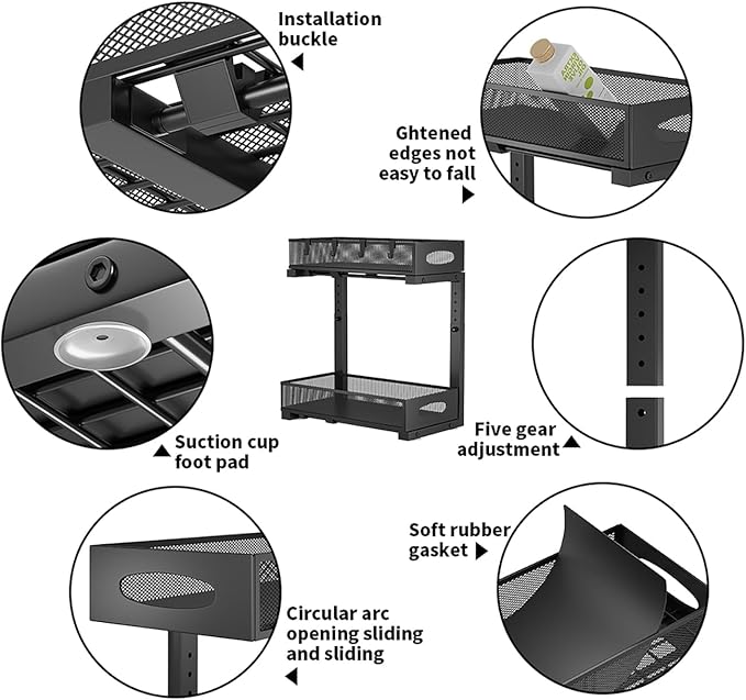 2-pack under sink organizer, 2-tier under sink organizer and storage, slide-out pull-out cabinet organizer with mesh metal sliding drawer for home kitchens, bathrooms, pantries (Black)