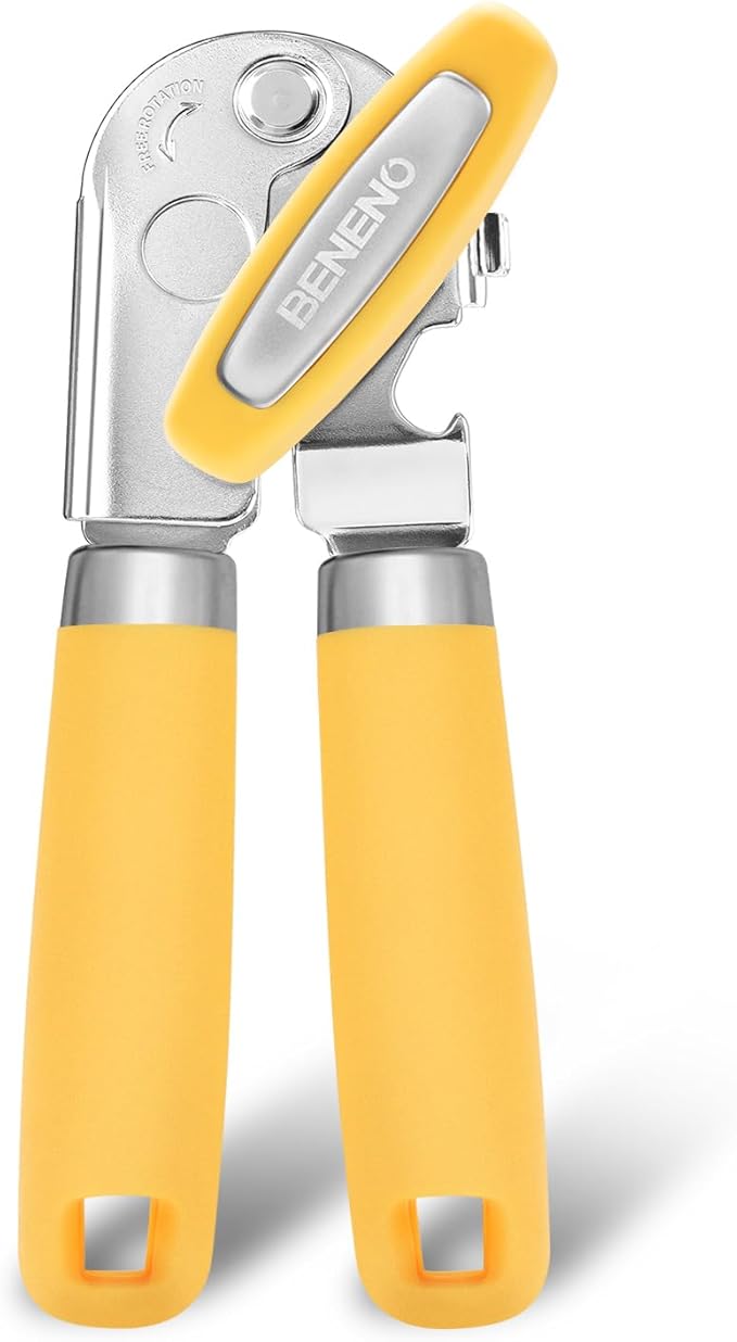 Beneno Can Opener Manual with Magnet, Hand Held Heavy Duty Can Opener with Durable Sharp Blade Smooth Edge, Big Effort-Saving Knob, Soft Grip Rubber Handle, Multifunctional Bottle Opener, Yellow