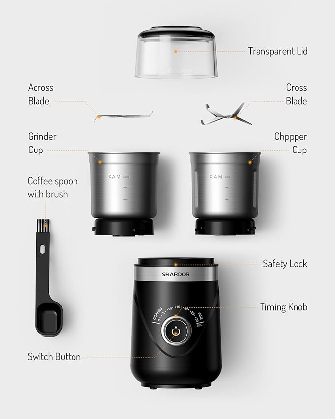 SHARDOR Electric Super Silent Blade Coffee Grinder, Timed Grind Control Rotary Knob, Adjustable Coarse to Fine for Coffee Beans, Spices & Herbs, with 2 Removable Stainless Steel Bowl, Black