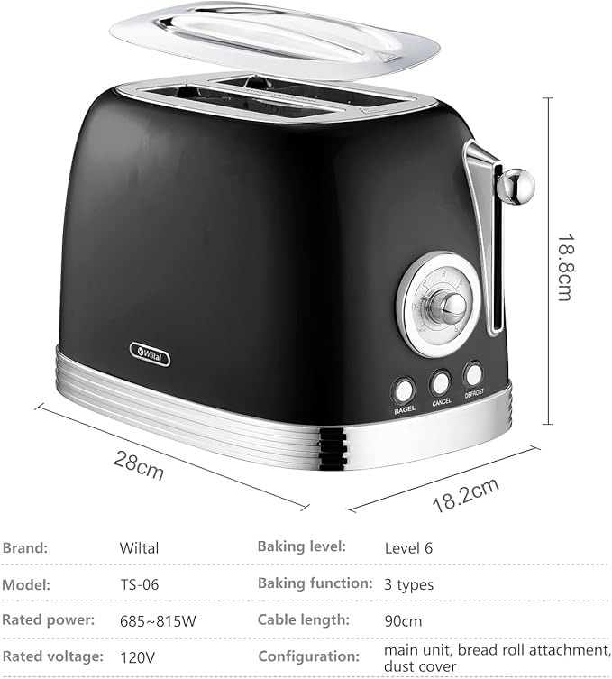 Glossy Black Cute Retro Toaster 2 Slice with 1.58" Wide Slots, Bread toaster with Cover and Warm Rack, Stainless Steel Toaster with Removable Crumb Tray, Preheat, Defrost, Cancel Function