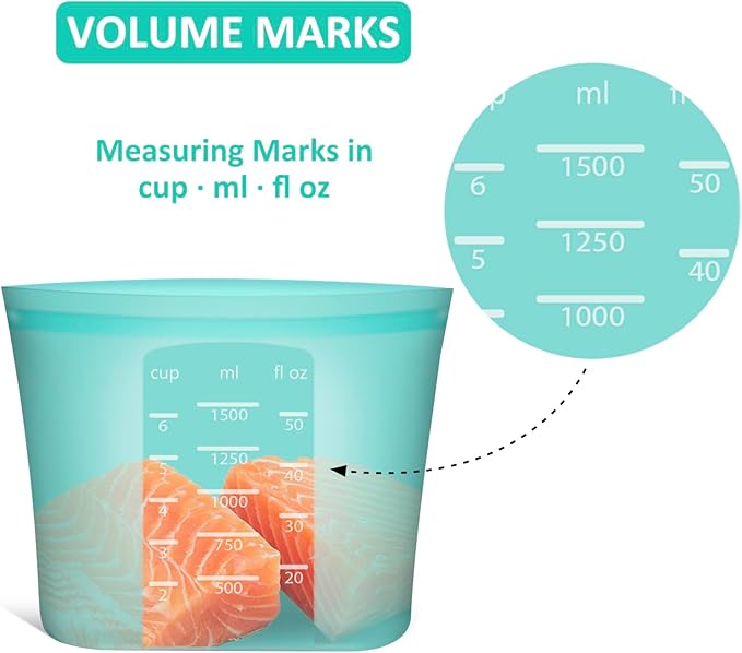 Large Reusable Storage Bag, 4 Pack 100% Silicone Food Storage Bags Stand Up Silicone Zip Lock Bags for Food Container, Freezer Microwave Oven Dishwasher Safe, Aqua, 50.7oz/ 1500ml