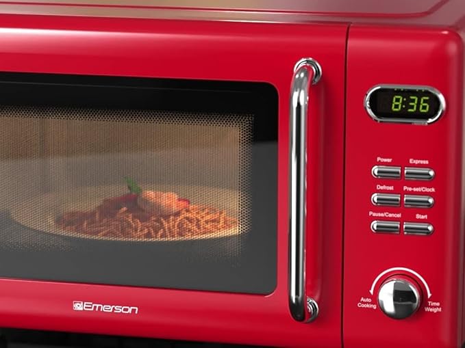 Emerson MWR7020RD Compact Countertop Microwave Oven with Button Control, LED Display, 700W 5 Power Levels, 8 Auto Menus, Glass Turntable and Child Safe Lock, 0.7, Retro Red