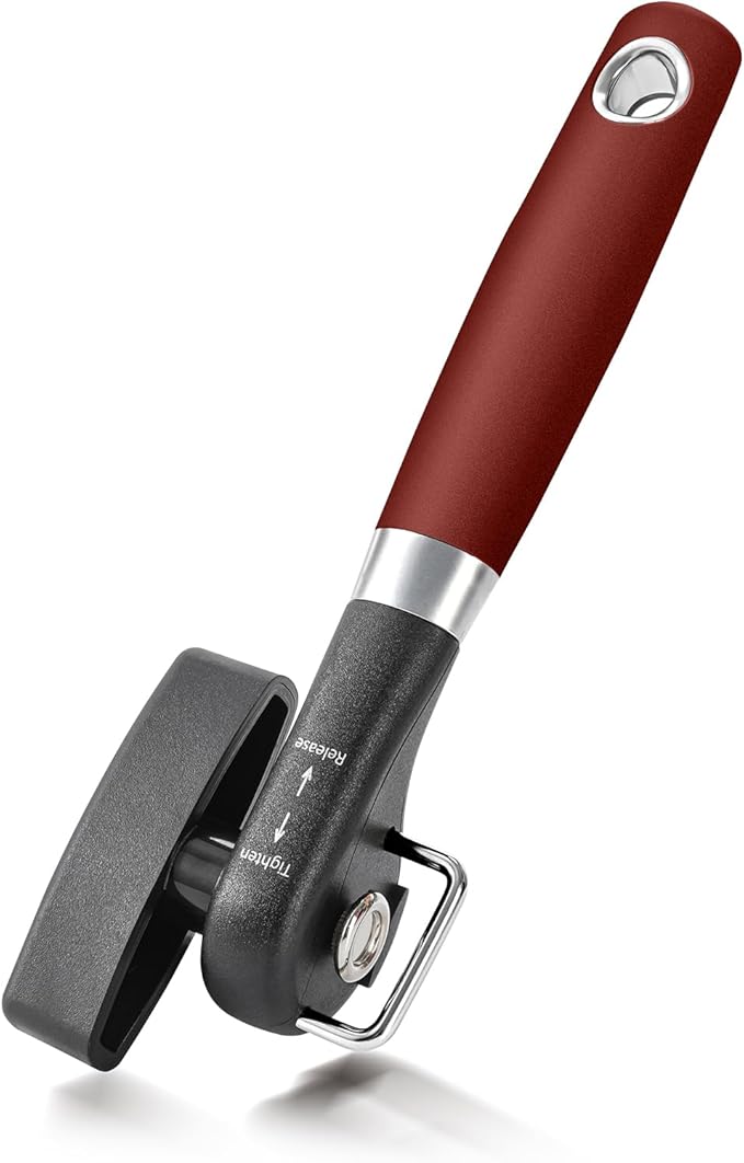 Beneno Can Opener, Manual Side Safe Cut Can Opener Smooth Edge with Durable Sharp Blade, Effort-Saving Knob & Comfortable Non-slip Handle, Red