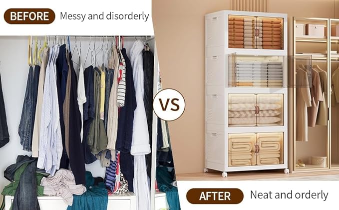 5-Tier Closet Organizer and Storage with 1 Lid, 95 Gal Stackable Storage Bins with Lids and Wheels, Folding Storage Boxes with Open Front Door for Closet and Office