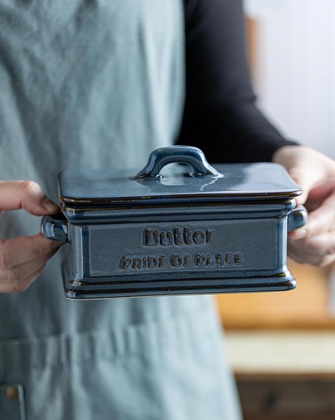 Butter Dish with Lid, Porcelain Butter Dish for Countertop Large Butter Keeper Butter Holder Container for East West Coast Butter, Blue