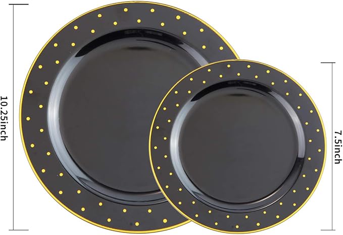 I00000 102Pcs Plastic Black Gold plates, New Year Black Plastic Plates Including 51 Dinner Plates 10.25" and 51 Salad Plates 7.5" with Gold Dots, Premium Gold Disposable Plates for Party & New Year