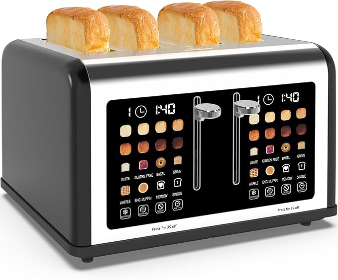 4 Slice Toaster Touch Screen, Stainless Steel Toasters Digital Timer, Dual Control Panel Toasters, 8 Shade Settings 6 Bread Types for Bagel, Cancel, Defrost 1650W Black