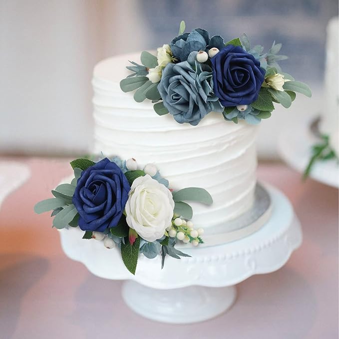 Rinlong 3Pcs Pre-made Cake Toppers Navy Blue Flowers Cake Decorations Wedding Cake Decorating Flowers Decor Birthday Baptism Party Cake Toppers