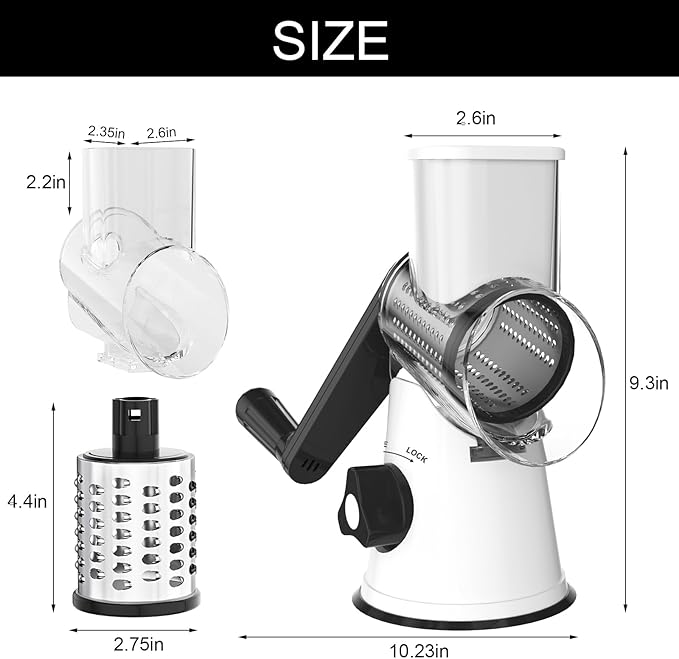 Cambom Rotary Cheese Grater Hand Crank Cheese Shredder for Fresh Cheese, Vegetable, Nuts,Non-slip Suction Base, Free Cleaning Brush Three Blades, White and Black