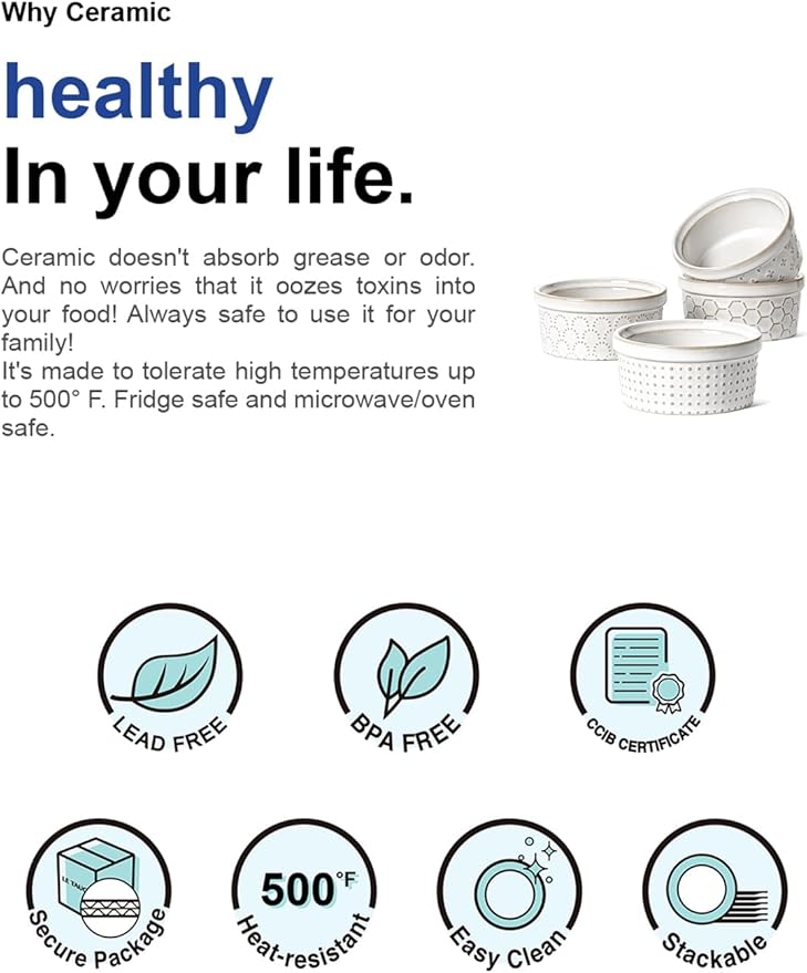 LE TAUCI Ramekins 4 oz Oven Safe for Creme Brulee, Charcuterie Boards Bowls for Souffle, Small Sauce Bowl, Ceramic Baking Dishes - 3.8 inch, Set of 4, Arctic White