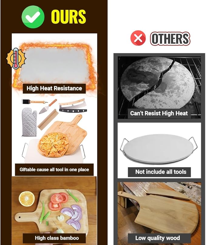 8 PCS Pizza Stone Set, Extra Large 15×12 Inch Pizza Stone for Grill, Rectangle Baking Sone With Pizza Kit for Pizza, Bread, BBQ Grilling, Pizza Peel Set