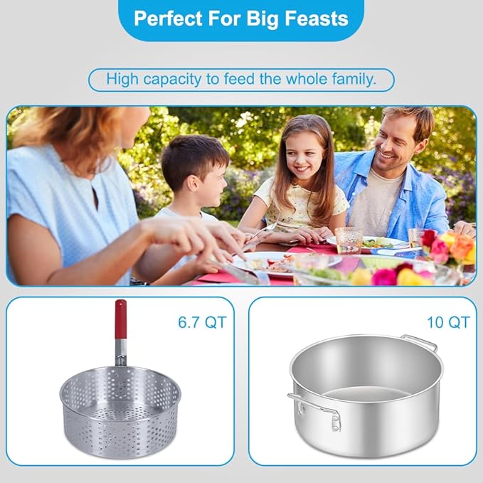 10QT Outdoor Fish Fryer Kit – Heavy-Duty Aluminum Pot, 6.7QT Basket, Propane Deep Fryer with 0-10 PSI Regulator & Steel Frame – Ideal for Seafood & More