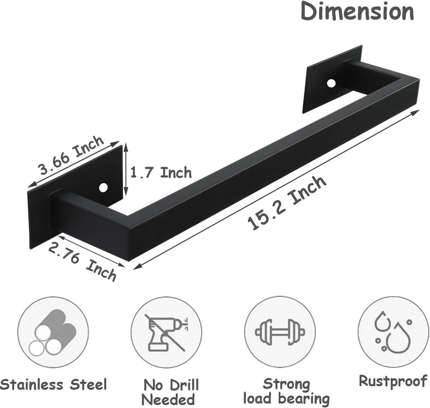 Bathroom Towel Bar Self Adhesive, No Drilling Towel Rack Easy to Install, Hand Towel Holder Made of Premium Stainless Steel Sticky on Hand Towel Hanger for Kitchen, Toilet.(16IN, Black)