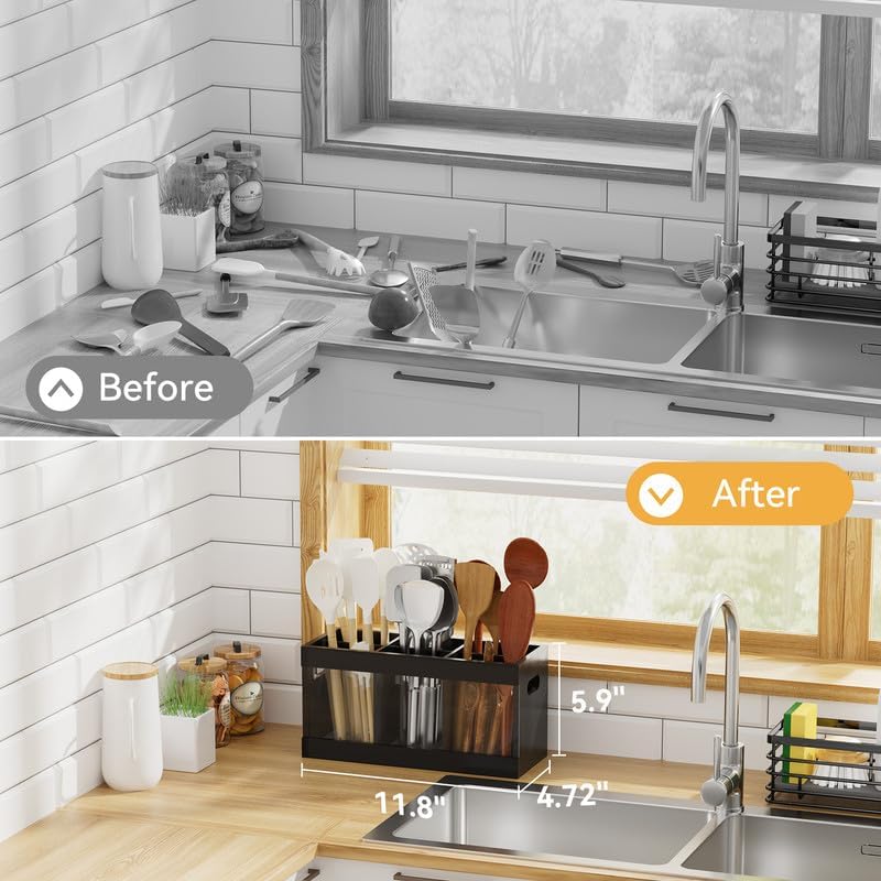 Yofidra Bamboo Utensil Holder & Silverware Organizer: Extra Large Cooking Spoon Holder with Absorbing Drying Stone and 6 Compartments Kitchen Countertop Farmhouse Decor 11.8"X4.7"X5.9" Black