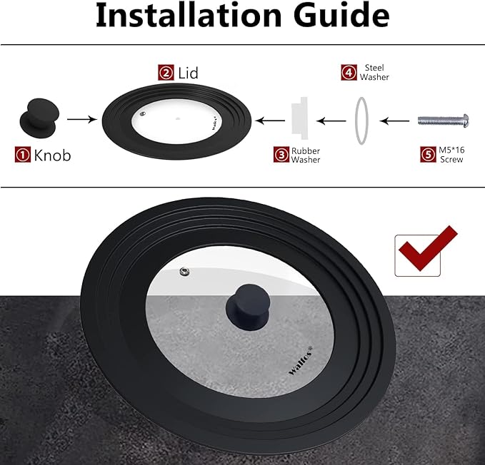 Walfos Universal Pan Lid - Pot Lid for Pots, Pans and Skillets, with Unique Enlarged Heat Resistant Silicone Rim and Tempered Glass, Fits 8" to 12" Diameter Cookware, BPA Free (1 Piece)