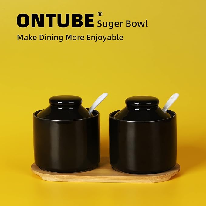 ONTUBE Ceramic Sugar Bowl with Lid and Spoon Set of 2,Porcelain Seasoning Box Salt Bowl with Tray,8oz (Black)