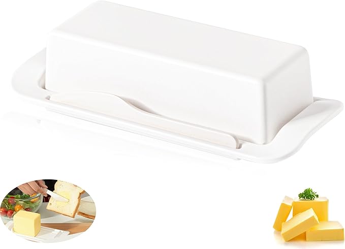 Butter Dish with Lid for Countertop, Butter Dish with Knife, Butter Keeper for Kitchen or Fridge, Bamboo Fiber Butter Tray, Butter Holder for 1 Stick Butter, BPA-free, Dishwasher Safe(White)