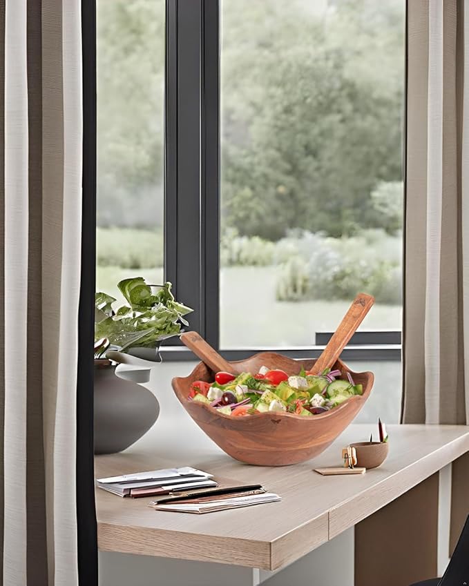 Melvvi Large Wooden Salad Bowl Set with 2 Small Bowls and 2 Serving Utensils | 12" & 6" Acacia Wood Bowls for Food | Great Gift for Kitchen & Dining (Natural Set of 5) (Natural Set of 3)