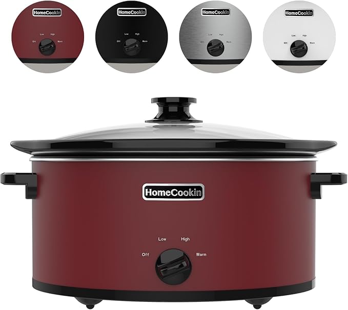 HOMECOOKIN 7 Quart Slow Cooker Oval Manual Pot Food Warmer with 3 Cooking Settings, Red Stainless Steel