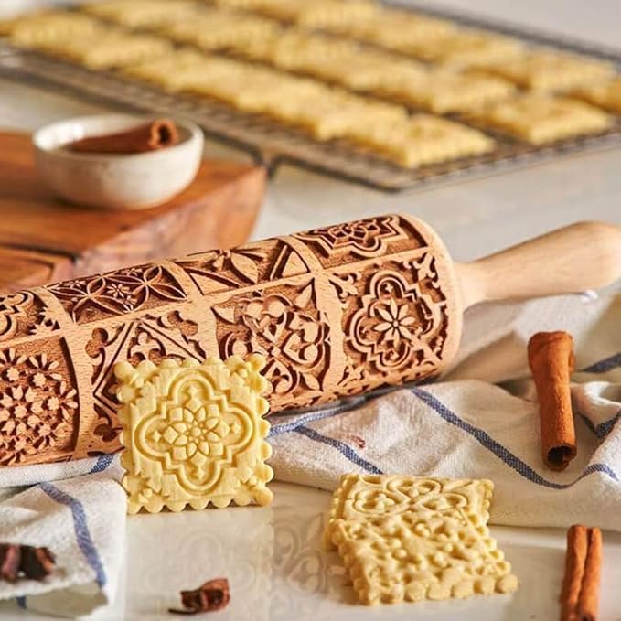 Christmas Wooden Rolling Pin for Baking,Engraved Embossing Rolling Pin Cookie Stamps Roller Square Grid Cookies Mold Kitchen Decor Tools for Kids Adults(Window Grilles)